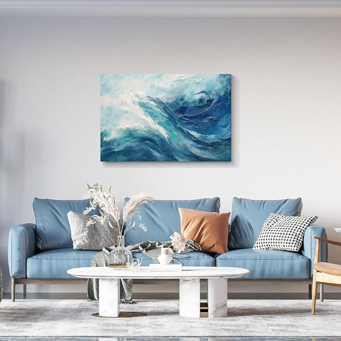 gaosoul Canvas Print Modern Abstract Ocean Paintings Blue and White Wall Art Poster or Living Room Bedroom Hallway Office Decoration 48x32in