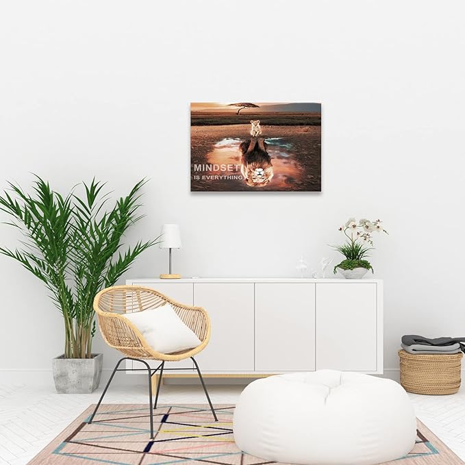 Mindset Is Everything Wall Art Lion Motivational Canvas Wall Art Posters Prints 1 Pieces Inspirational Quote Painting for Office Bedroom Decor (12" W x 18" H)