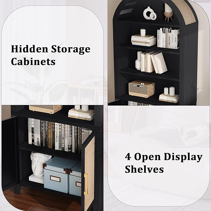 71" Tall Arched Bookcase with Storage, Mid-Century Modern 6-Tier Arch Cabinet with Door, Arched Bookshelf Cabinet with Open Display Storage Shelf for Office Living Room (Black)