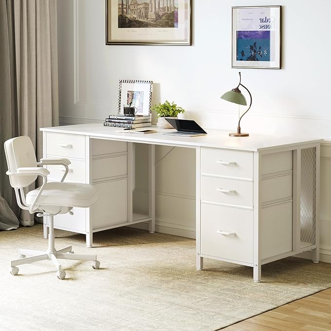 ODK 63 inch Computer Desk with File Drawers Cabinet, Modern Office Desk with Large Storage for Home Office, Study, Gaming, White