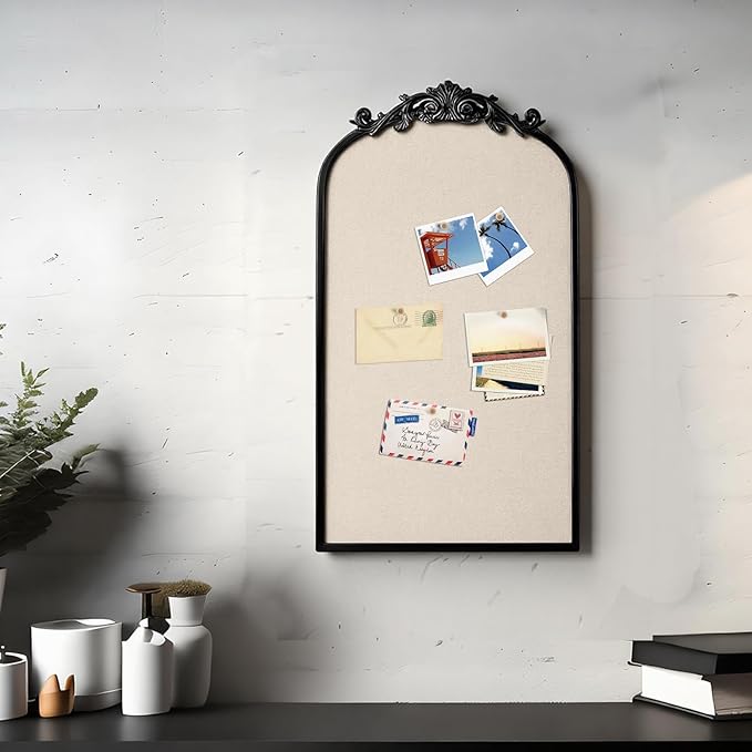 Vintage Framed Pin Board Linen Display Bulletin Board Large Cork Fabric Picture Photo Pinboard Memo Ornate Decorative Pinboard Ornate for Wall Gift(Arch,13" X 25",Retro Black)