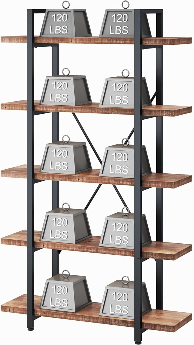 HSH 5 Tier Solid Wood Bookshelf, Natural Real Wood Bookcase, Industrial Rustic Vintage Etagere Bookshelf, Open Metal Farmhouse Solid Wooden Book Shelf, Distressed Brown