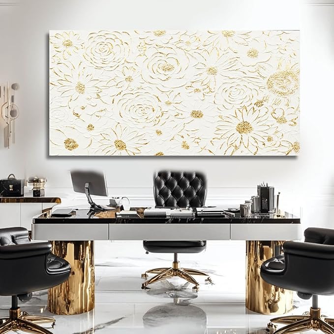 YJYart Large White Canvas Wall Art, Gold Flowers Wall Art for Wall Decor,Office Arts,Living Room or Bedroom Artwork Picture, Hallway Decoration 24"x48"