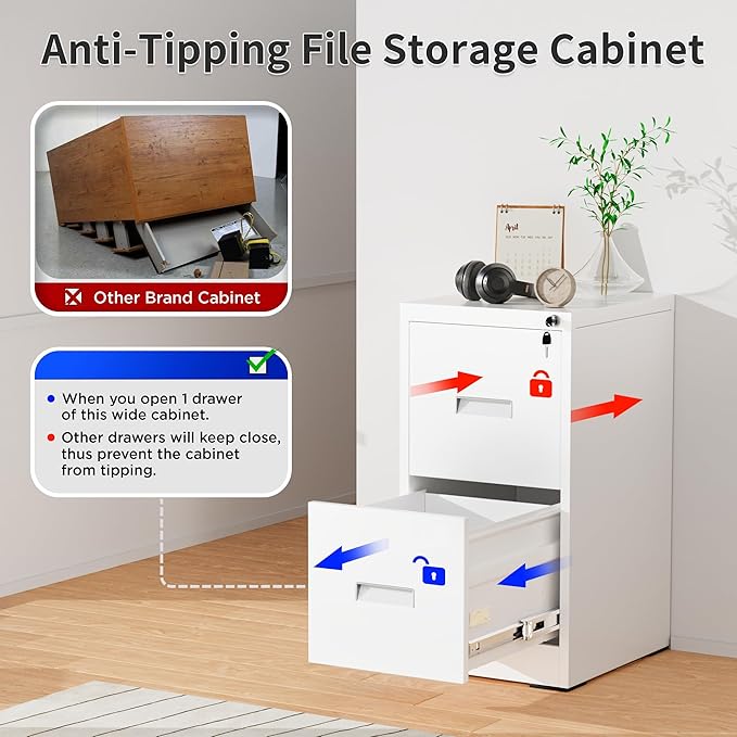 Greenvelly Metal 2 Drawer File Cabinet, Vertical File Cabinet with Lock, Locking Filing Cabinets for Home Office, Letter/Legal/A4/F4 Size/Anti-Tip (White)