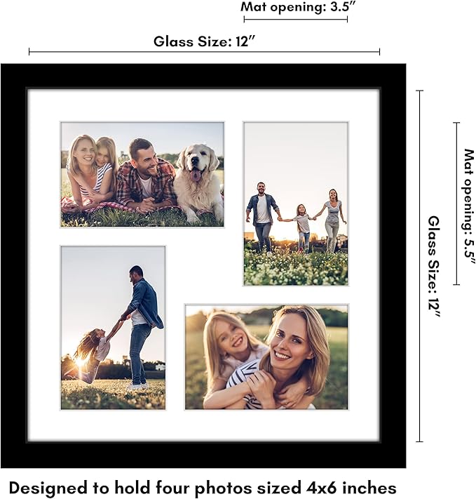 Americanflat 4x6 Collage Picture Frame with Shatter-Resistant Glass - Fits Four 4x6 Photos or Use as One 12x12 Picture Frame - Signature Collection - Collage Frames for Wall Display - Black