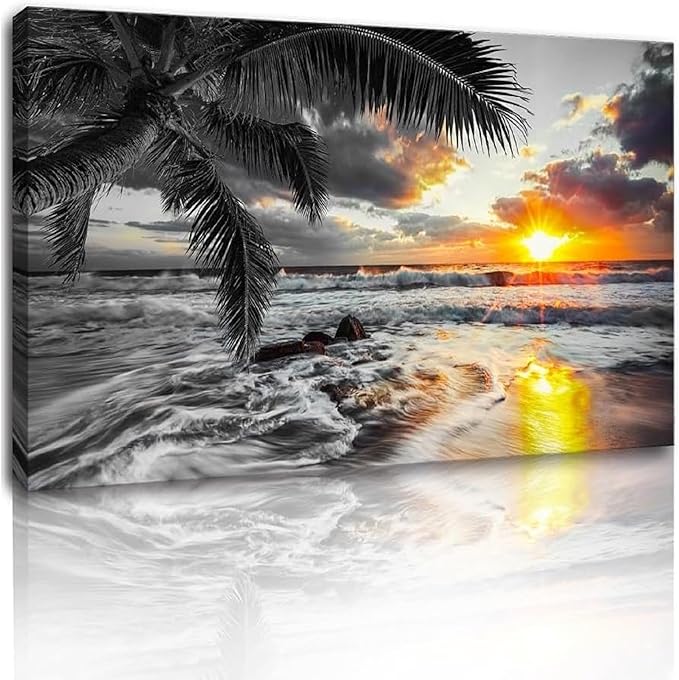 Yxbhhym-Large Canvas Black White Gold Ocean Wall Art Sunset Beach Pictures Coastal Painting Sunrise Seascape Scenery Print Palm Poster Sea Artwork for Bedroom Wall Art Living Room Office Décor