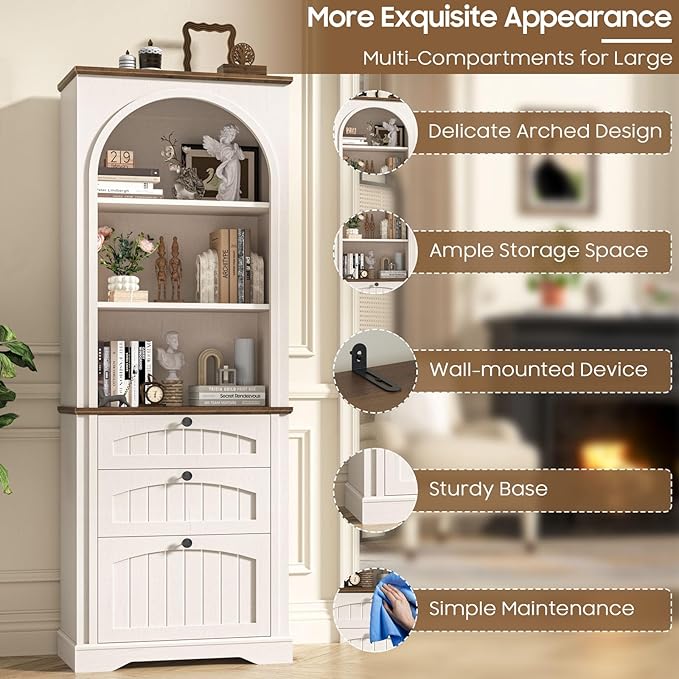Farmhouse File Cabinet Fits Letter/Legal/A4 Size Hanging File Folders, 3-Tier Floor Standing Bookcase with File Drawer and Open Shelf, Wood Filing Cabinet Printer Stand for Home Office, White