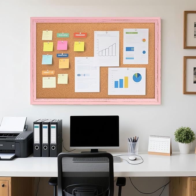 Cork Bulletin Board, 36" x 24" Corkboard for Wall, Pink Wooden Frame, Hanging Pin Board Tack Board for Home Office Decor, 10 Push Pins