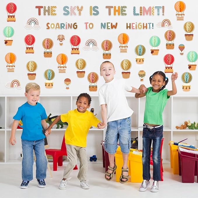 Crtiin 3D Hot Air Balloon Honeycomb Bulletin Board Set for School Classroom Decoration Hot Air Balloon Artcraft Cutouts with Honeycomb for Back to School Kindergarten Decor The Sky Is The Limit (Boho)