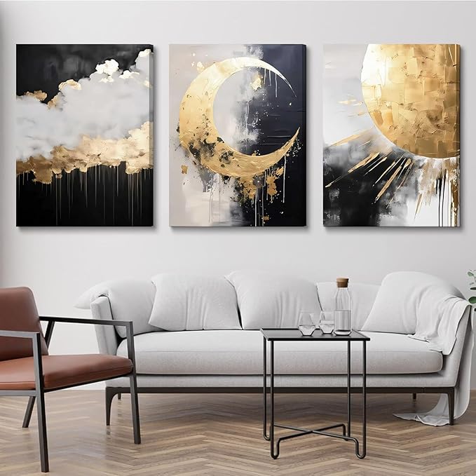 3Pcs Framed Black and Gold Abstract Canvas Wall Art Sun Moon And Cloud Posters Prints Maximalist Pictures Wall Decor For Living Room, Bedroom,bathroom Decoration