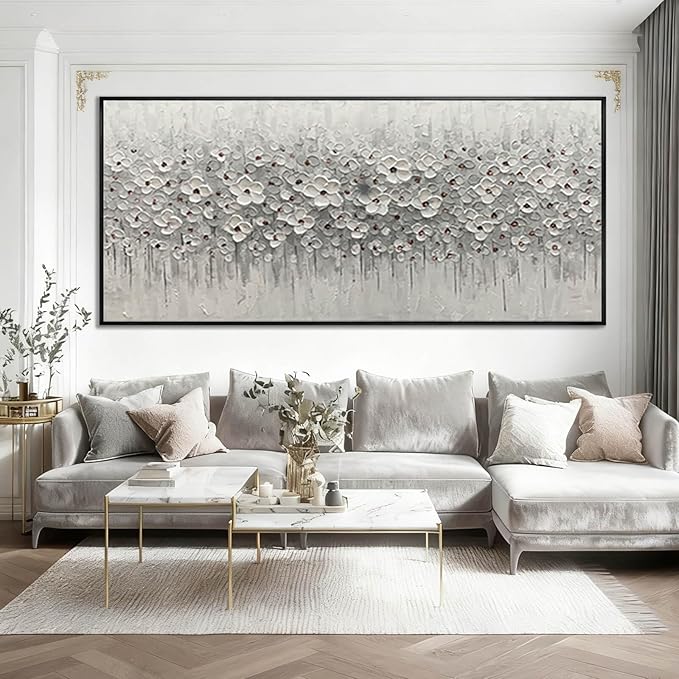 SDYA Large Floral Wall Art, 32"x70"Hand Painted White Flower Canvas Painting With Frame,Modern Minimalist Abstract Artwork for Living Room Bedroom Hallway Home Decor