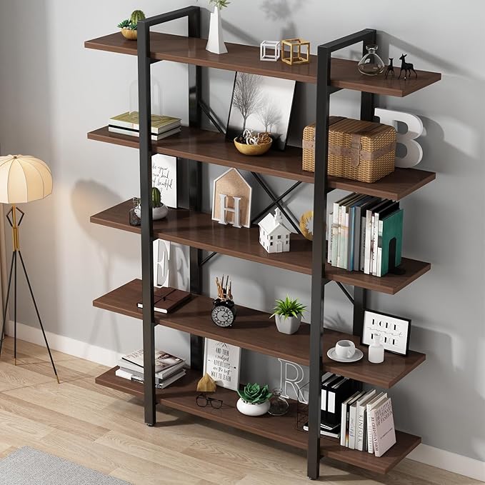 Bookshelf, Industrial Style Bookcase, Book Rack, Storage Rack Shelves in Living Room/Home/Office, Books Holder Organizer for Books/Movies (5-Tiers)