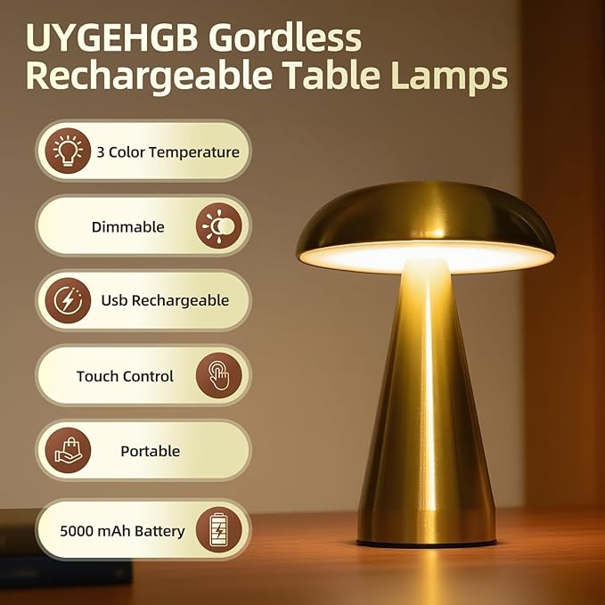 2-Pack Portable LED Desk Lamp, 5000mAh Rechargeable Battery, 3-Color Touch Control, Cordless Table Lamp with Stepless Dimming, Modern Bedside Lamp for Bedroom, Living Room, and Dining Room