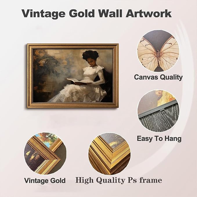 Gold Framed Wall Art Vintage Canvas Wall Art African American Black Girl Reading Book Artwork Prints Picture for Living Room Bedroom Farmhouse Bathroom Office Decor, 12x16