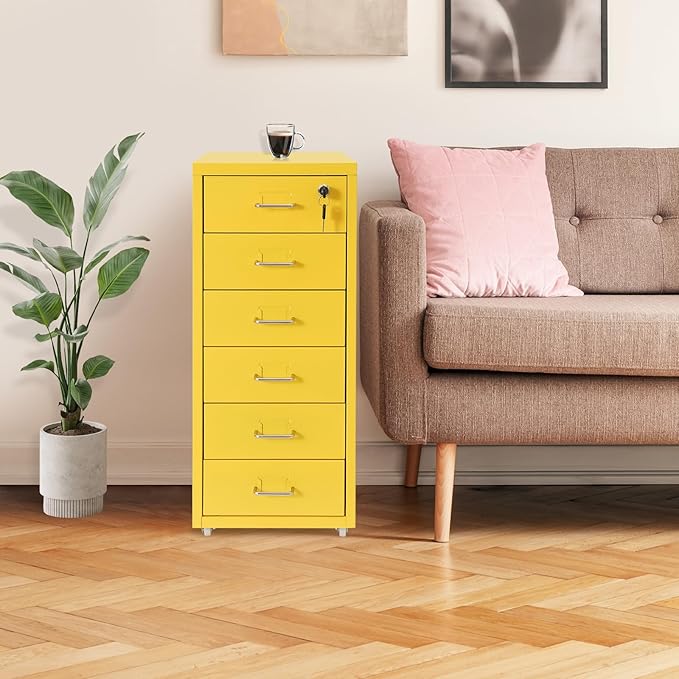 6-Drawer Metal File Cabinet, Metal Filing Storage Vertical Cabinets with Lock Home Office Filing Cabinets for Organization Hanging Letter/Legal/F4/A4 (Yellow)