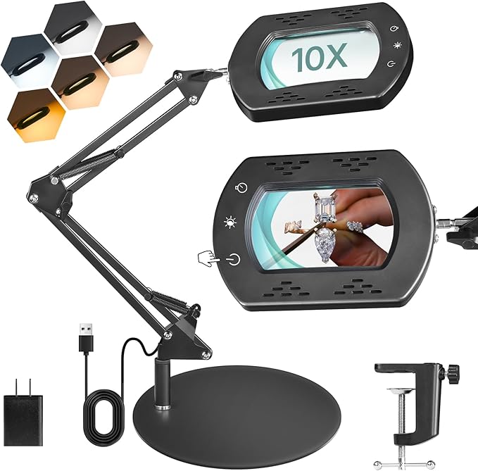 10X Round Magnifying Glass with Light and Stand, 2-in-1 LED Lighted Desk Lamp & Clamp, 5 Color Modes Stepless Dimmable, Hands-Free Magnifier Desk Lamp for Reading Craft Close Work B03DL05