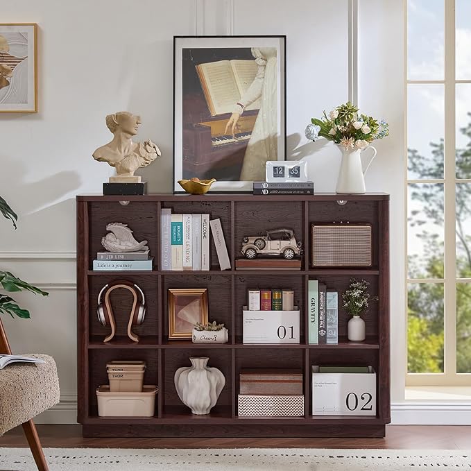 12 Cube Storage Organizer, 41" Large Bookshelf with Curved Edge, Wood Floor Standing 3-Tier Cubby Bookcase w/Base, Vintage Display Storage Cabinet, Book Case for Living Room, Office, Walnut