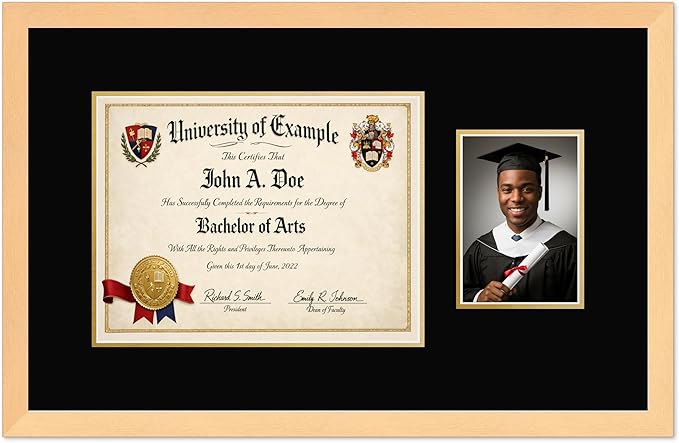 CountryArtHouse Fits 13 x 10 College Diploma (Traditional) and 5 x 7 Photo Diploma and Photo Frame Natural Wood Genuine Hardwood with Black Over Metallic Gold Double mat
