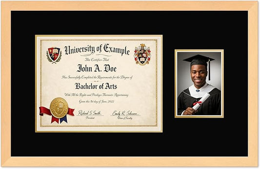 CountryArtHouse Fits 13 x 10 College Diploma (Traditional) and 5 x 7 Photo Diploma and Photo Frame Natural Wood Genuine Hardwood with Black Over Metallic Gold Double mat