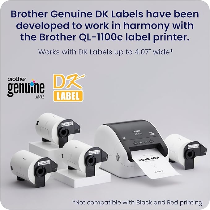 Brother QL-1100c Bundle, Wide Format Label Printer, Prints Postage Labels, Barcode & QR Code, USB Connectivity, Plus 4 Rolls of Genuine DK Label Tapes DK-1247 4.07” x 6.4” Die-Cut Shipping Labels