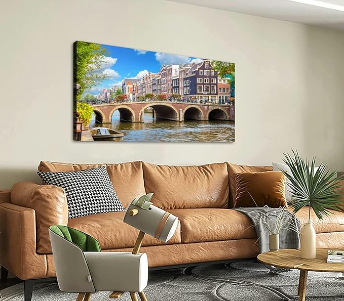 Canvas Wall Art for Living Room Bedroom Amsterdam downtown Amstel river old houses and a bridge Nice view the Big Large Wall Art Decor Framed Painting Wall Pictures Prints Artwork Office