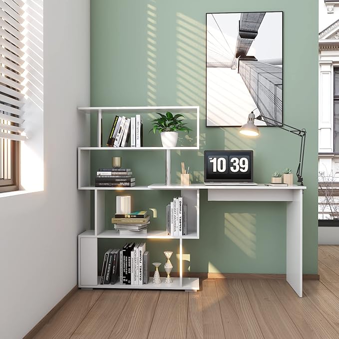 41.7" L Shaped Desk with 4-Tier Storage Shelves, Computer Corner Desk for Study Home Office Living Room (White)