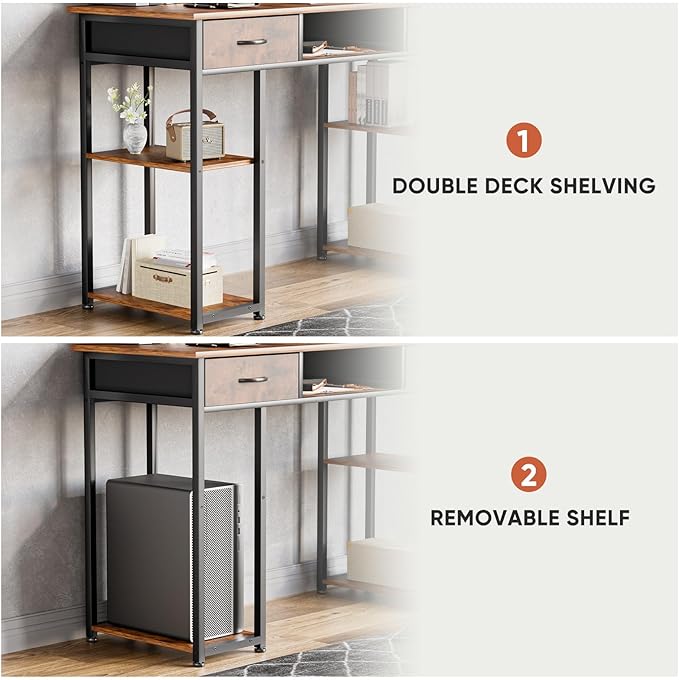 DUMOS 48" Small Computer Home Office Desk for Bedroom with Drawers, Gaming Writing Study Table with Storage Shelf, Adjustable Feet, Metal Frame Rustic Brown