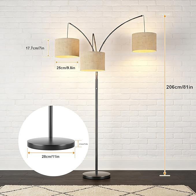 80 Inch Arc Floor Lamp with Remote Control, 3-Light Dimmable Standing Lamp for Living Room, 2400LM Super Bright Tree Lamp for Bedroom, Modern Tall Floor Lamp with Adjustable Arms&Weighted Base