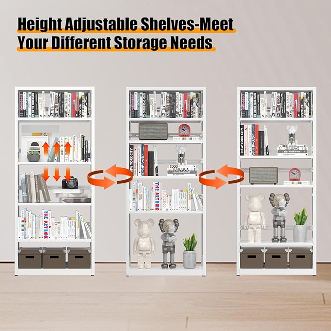 5 Tiers Bookshelf, Metal Storage Organizer Book Rack, Modern White Bookcase Shelf, Utility Shelf, Adjustable Garage Shelving, Organizer Rack for Kitchen, Laundry, Garage, Bathroom, Pantry, Office