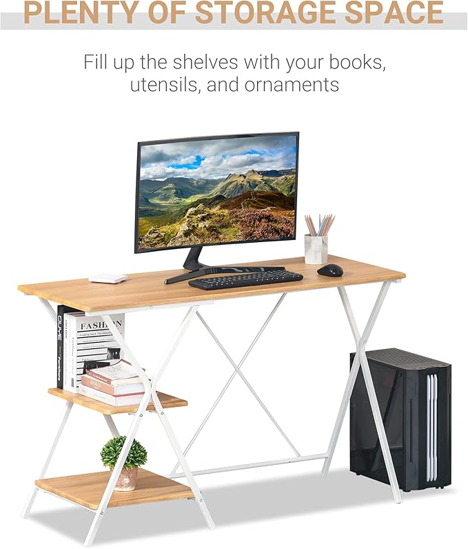 HOMCOM Computer Desk with Storage Shelves, Writing Desk for Home Office, Study Workstation, Natural