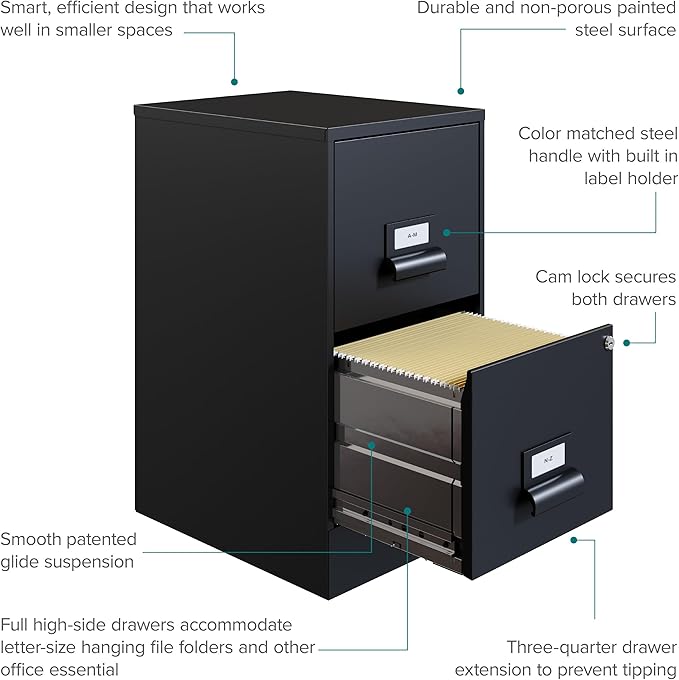 Office Dimensions 18" Deep 2 Drawer Premier Height File Cabinet, Black