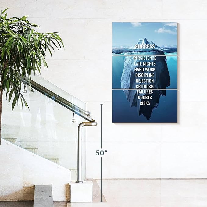 Elephant Stock - Success Typography Wall Art - Vertical Multi Panel Canvas - 3 Piece Living Room Wall Decor - Digital Art Inspirational And Typography Multi Piece Wall Art - Blue And White Decor - 36" x 57"
