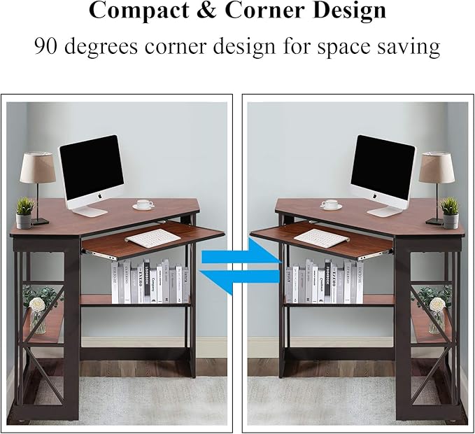VECELO Corner Computer Desk 41 x 30 inches with Smooth Keyboard & Storage Shelves for Home Office Workstation, Teakwood Brown