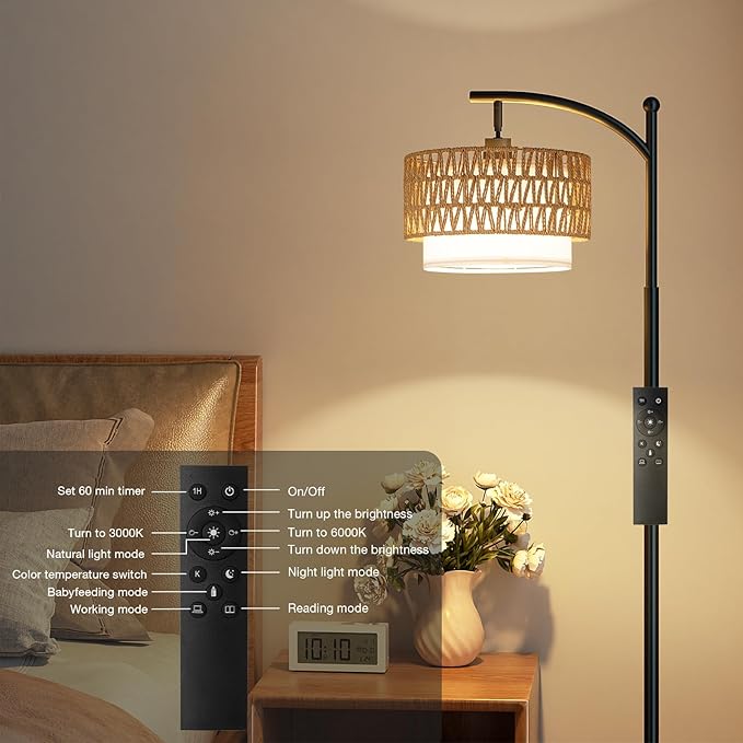 Ambimall Arc Floor Lamp for Living Room with Remote, Boho Standing Lamp with Rattan & Linen Shades, Color Temperature & Dimmable Bulb, Farmhouse Tall lamp for Bedroom, Office(Black)