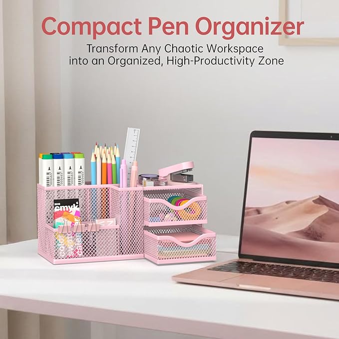 Mesh Desk Organizer, Pen Organizer with 2 Drawers and 5 Compartments, Versatile Pen Holder for Small Space, Desk Organizers and Accessories for School Office Supplies, Pink