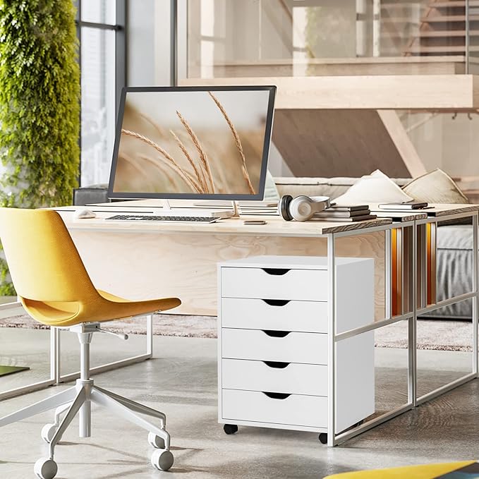 5 Drawers File Storage Cabinet, 26.5" Vertical Filling Cabinet for Home Office, Under Desk Office Drawer Organizer, Universal & Lockable Casters, Rolling Printer Storage Rack (White)