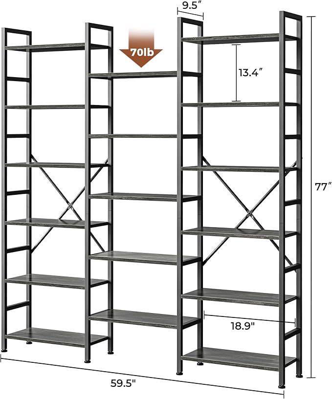 SUPERJARE Triple Bookshelf, Bookcase with 17 Open Display Shelves, Wide Book Shelf Book Case for Home & Office, 6 Tier, Grey