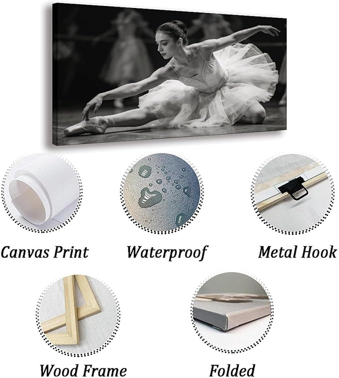 Black White Ballet Dancer Framed Canvas Wall Art for Bedroom, Elegant Figure Decor 40" L x 20" W