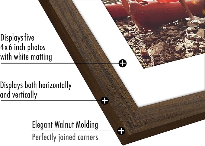 Americanflat 4x6 Collage Picture Frame with Shatter-Resistant Glass - Fits Five 4x6 Photos or Use as One 8x24 Picture Frame - Signature Collection - Collage Frames for Wall Display - Walnut