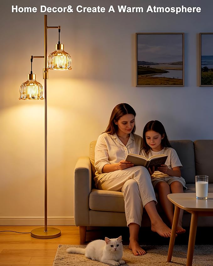 2-Light Gold Floor Lamp for Living Room, 65IN Tall Standing Lamps Dimmable with Brown Glass Lampshade, 3000K Warmwhite Mid Century Modern Floor Lamp for Bedroom/Office/Corner/Sofa Beside