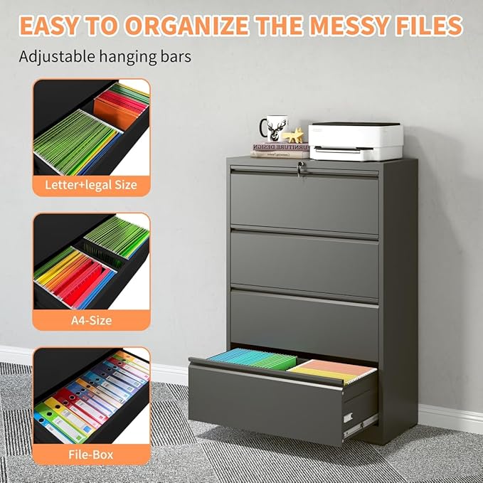 4 Drawer Lateral File Cabinet with Lock for Home Office Metal Filing Cabinet with Adjustable Hanging Rails Horizontal Filing Organization Storage Cabinet for Letter/Legal/A4/F4 Size Black