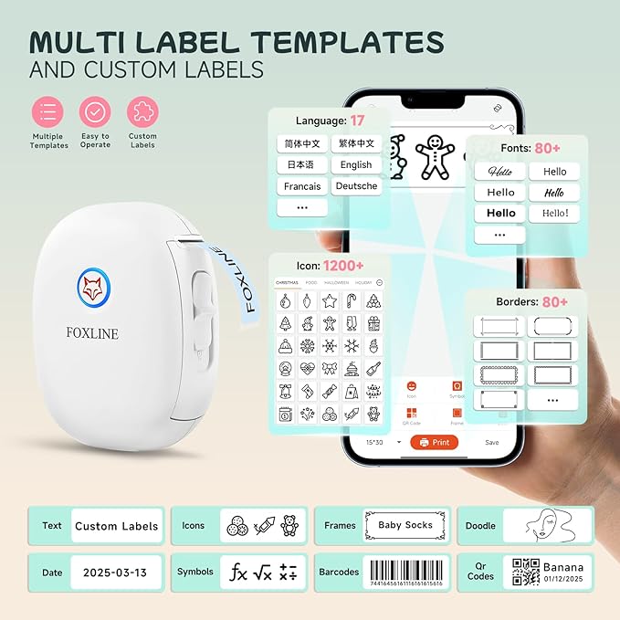 FOXLINE F10 Label Maker Machine with Blue Tape, Portable Bluetooth Thermal Mini Label Printer, Rechargeable Sticker Maker, Inkless Labeler for Home, School, Kitchen, Office Organization, White