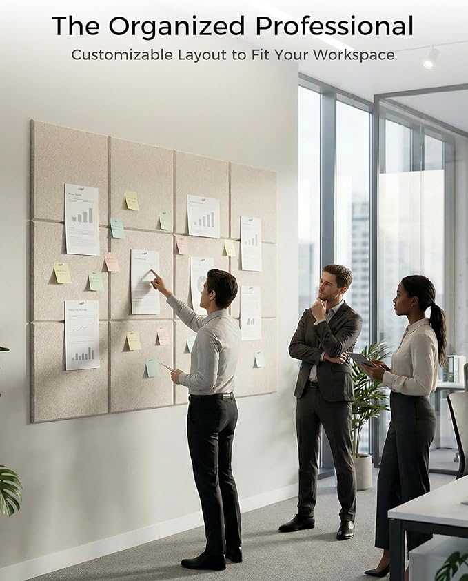 Aothia Felt Bulletin Board Tiles Large 48" x 36" Cork Board Alternative - 12-Pack with 70 Adhesive Tabs, Thick Slat Wall Panels for Office Decor, Push Pin Board Wall Organizer Alternative - Oatmeal