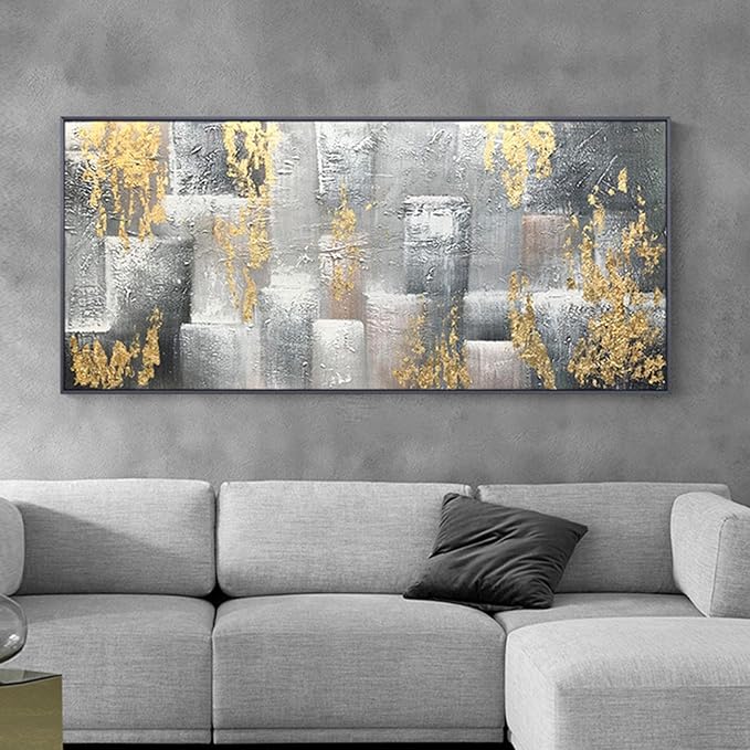 ZHMANLUCK Modern Abstract Extra Large Home Office Decor Paintings Oil Painting Landscape Painting On Canvas Art Gray Gold Foil Artwork 90x180cm/(35x71inch) with-Black-Frame