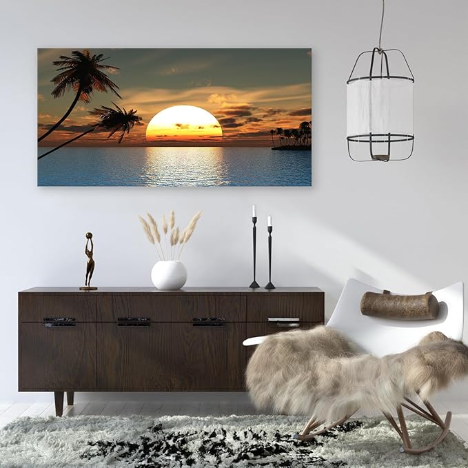 DZL Art S75698 Sunset Coconut Palm Trees Canvas Wall Art Palm Trees on the small island Tropical Scenery Nature Canvas prints Pictures for Living Room Home Office Wall Decor Artwork
