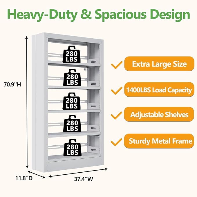 71 Tall Metal Bookshelf, Black Bookcase Industrial, 5-Tier Bookshelf Storage with Adjustable Shelf, Modern Book Shelves Heavy Duty with Bookend for Home, Office, Library, Includes Book Stoppers