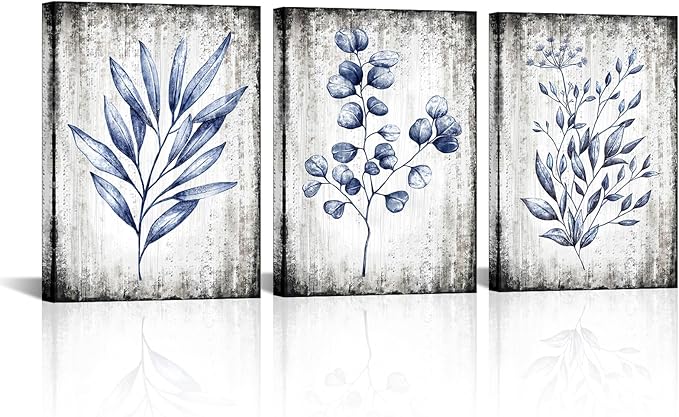 Conipit Navy Blue Botanical Painting Rustic Botanical Wall Art Canvas Minimalist Blue White Leaf Plant Artwork Prints Framed For Living Room Bedroom Wall Decor 12''X16''X3pcs