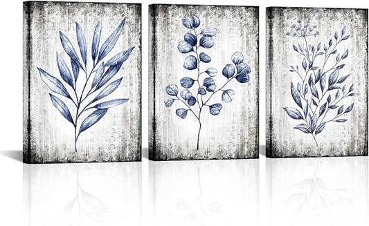 Conipit Navy Blue Botanical Painting Rustic Botanical Wall Art Canvas Minimalist Blue White Leaf Plant Artwork Prints Framed For Living Room Bedroom Wall Decor 12''X16''X3pcs