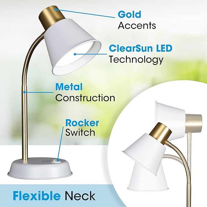 OttLite Beam LED Desk Lamp, Metal Construction in White and Gold, Flexible Neck, Book Light, Table Lamp, Reading Light, Work, Desk Lights for Home Office or Bedside