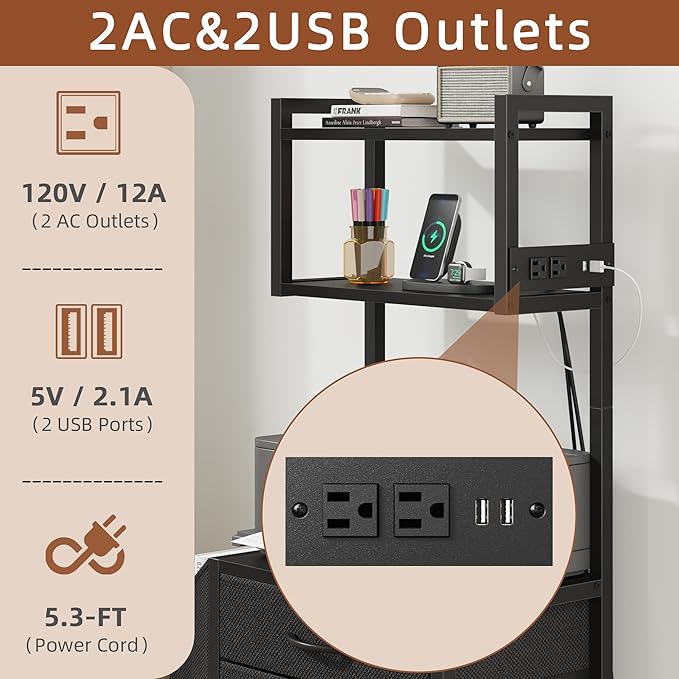 Small 3 Drawer File Cabinet with Charging Station, 45''H, 3-Tier Filing Cabinet for Home Office, 11''*16'' for Small Printer, Fabric Drawer Fits Letter/A4, Tall Printer Stand, Black